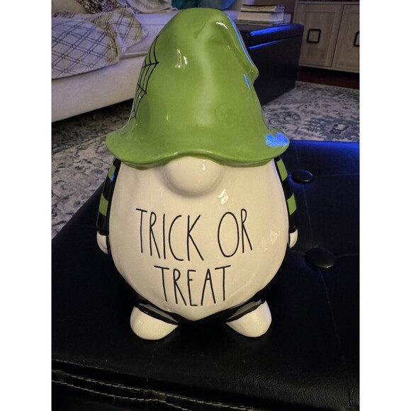 Rae Dunn "Trick or Treat" Ceramic Gnome Halloween Green Black 9" Fall Decor NEW - Picture 3 of 8